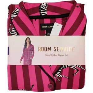 Room Service Pajama Set Women Medium Pink Zebra Stripe Jersey NWT